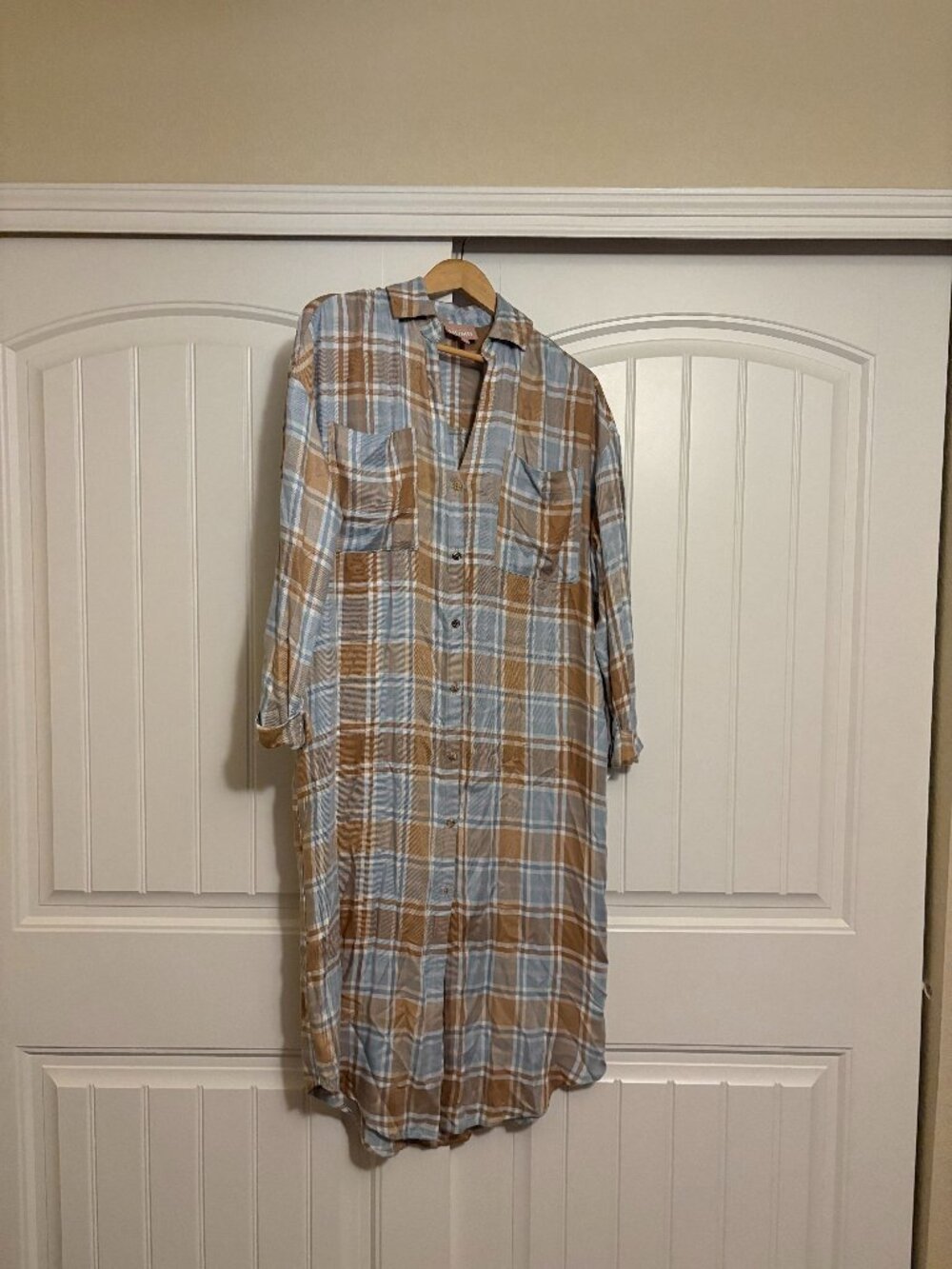Show Me Your MuMu Plaid Shirt Dress XS Xtra Small Blue Brown Long Sleeve Buttons